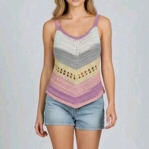 Handmade Crochet Sleeveless Top Womens Medium Multicolor Knit Lightweight